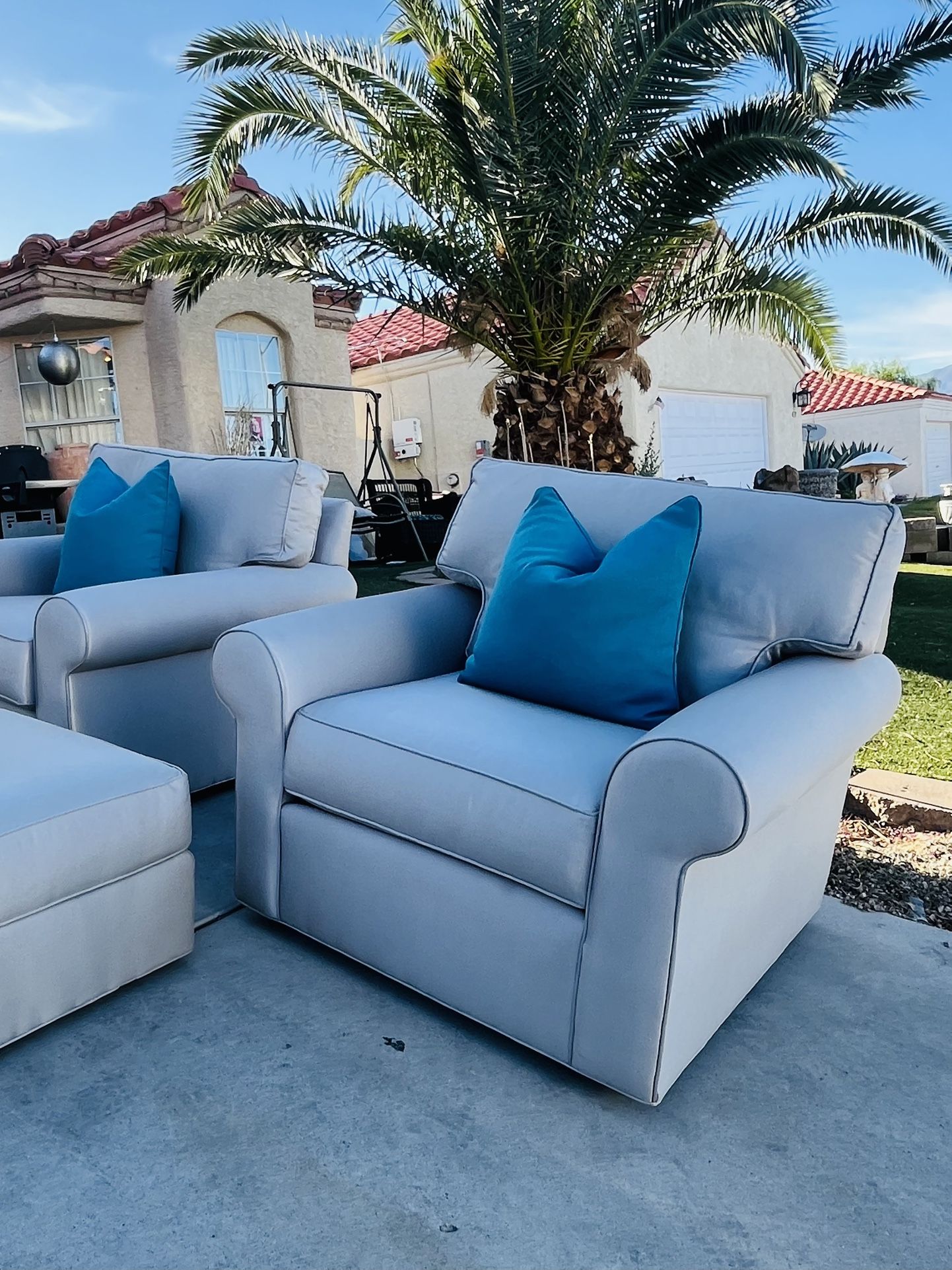 Beautiful Silver Ethan Allen Armchairs And Ottoman