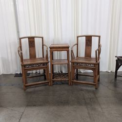 Light Wood Square End & Two Chairs Table with Lattice Base