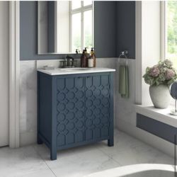 Bath Vanity in Blue with Stone Vanity Top in White with White Basin