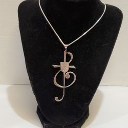 Rare Vintage Paul Giordano Musical Treble Clef Cross Silver Signed Necklace