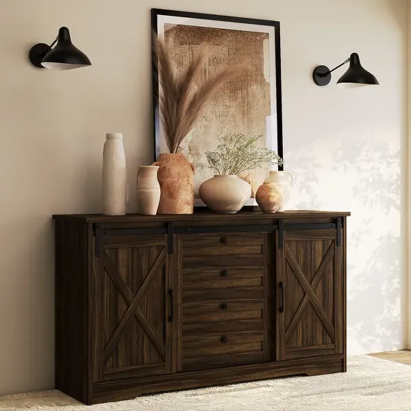 Barn Buffet Sideboard Cabinet with 2 Doors and 4 Drawers - Oak
