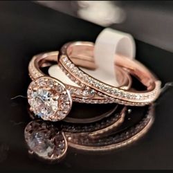 WEEKEND SALE !!!! Solid 925 Sterling Silver 14K Rose Gold Plated 2 Pc Engagement Wedding Ring Set