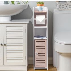 Brandnew Toilet Paper Holder Stand: Small Bathroom Storage Cabinet - Pinkish Rose - White