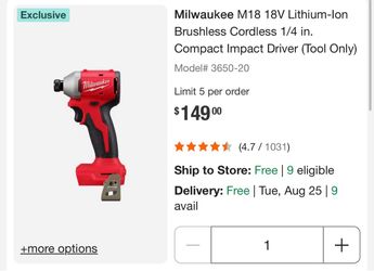 Milwaukee M18 18V Lithium-lon Brushless Cordless 1/4 in. Compact Impact Driver (Tool Only)