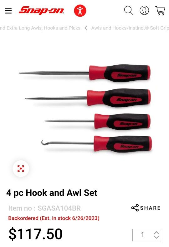 Snap On 4 pc Hook and Awl Set Large Pick & Awl Set In Red NEW