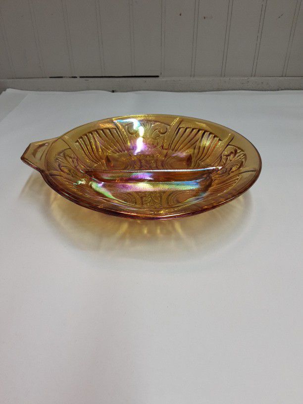 Vintage Marigold Luster Carnival Glass Divided Dish With Handle - Shelton 