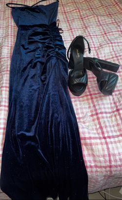Navy Blue Velvet Glitter Long Dress and heels