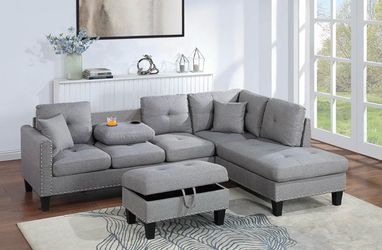 Gray (light or dark) Sectional Sofa Storage Ottoman Accent Pillows Nailhead Trim Cup Holders 6x8 pick up can deliver