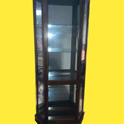 Curio Cabinet Lighted Wooden Corner Display 5 Glass Shelves