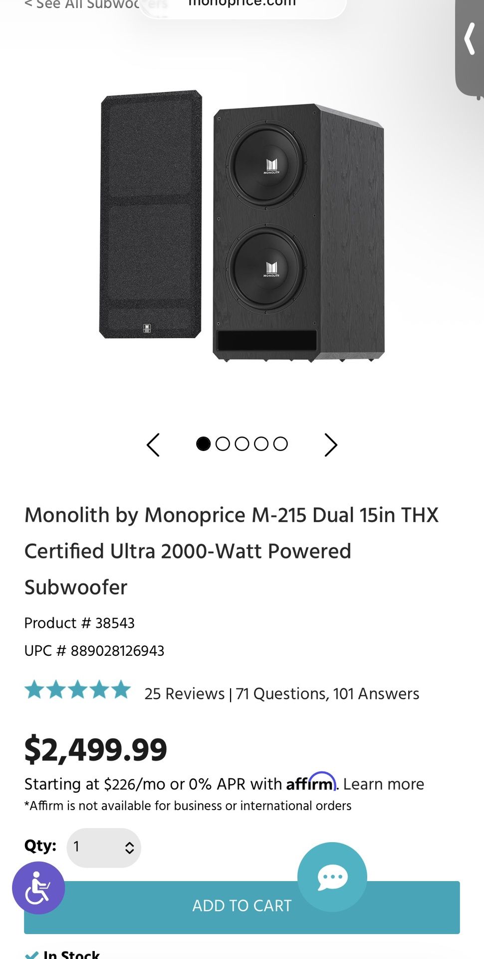 Monolith by Monoprice M-215 Dual 15in THX Certified Ultra 2000-Watt Powered subwoofer