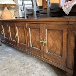Vintage White Furniture Company China Cabinet Base/Credenza- Diamond, Veneer, And Brass Hardware