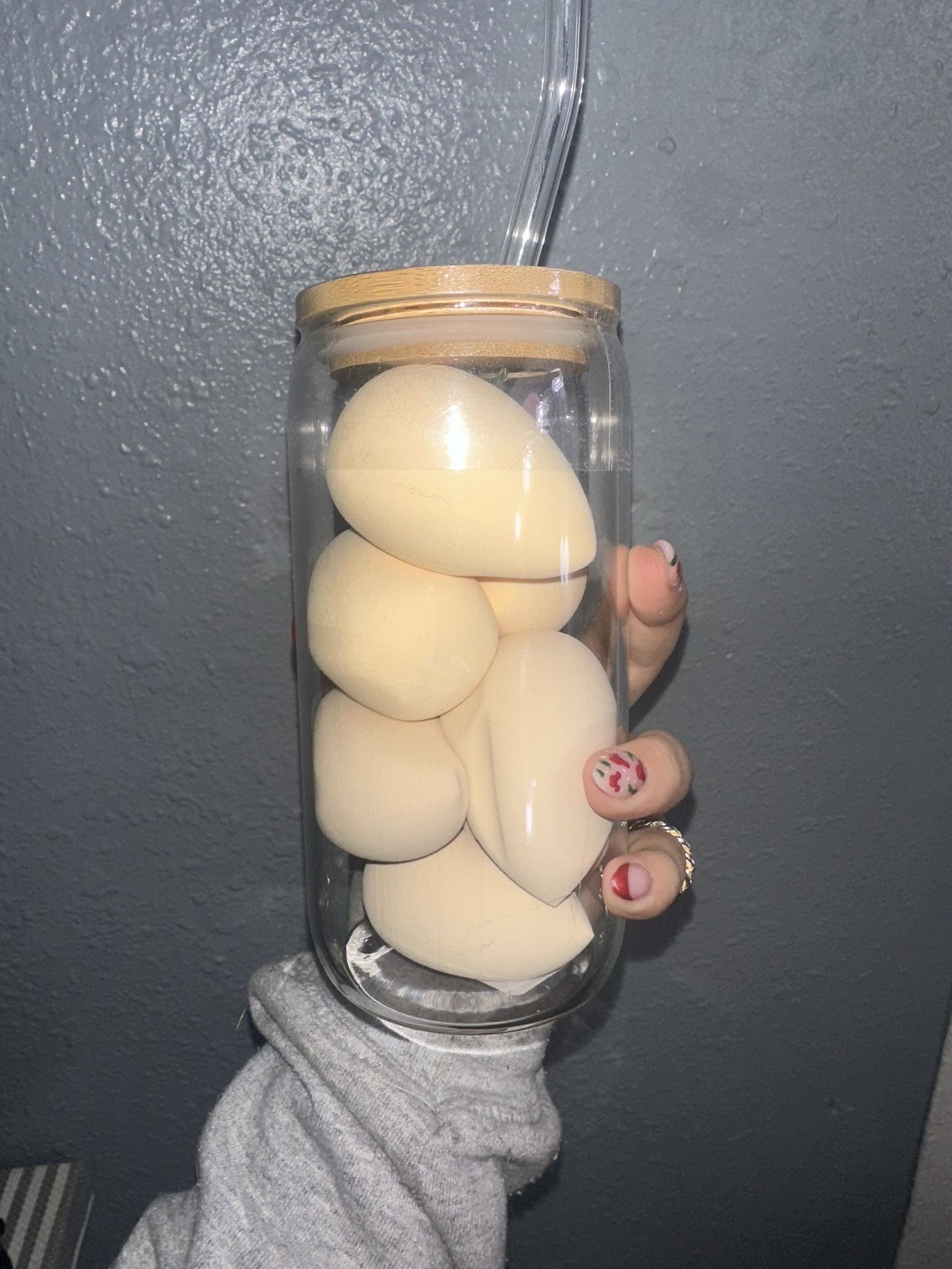Glass Cup With Beauty Blenders
