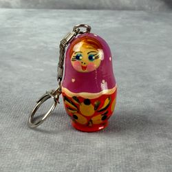 Vintage Russian Matryoshka Doll Wood Keychain Hand Painted Pink Red Folk Art