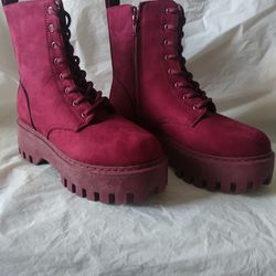 Rouge Broadway Helium Boots Burgundy Combat Zip Lace Ankle Lift 9 Faux Suede