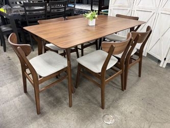 BRAND NEW Mid Century Modern Dining Set, Walnut Color, 6 Chairs
