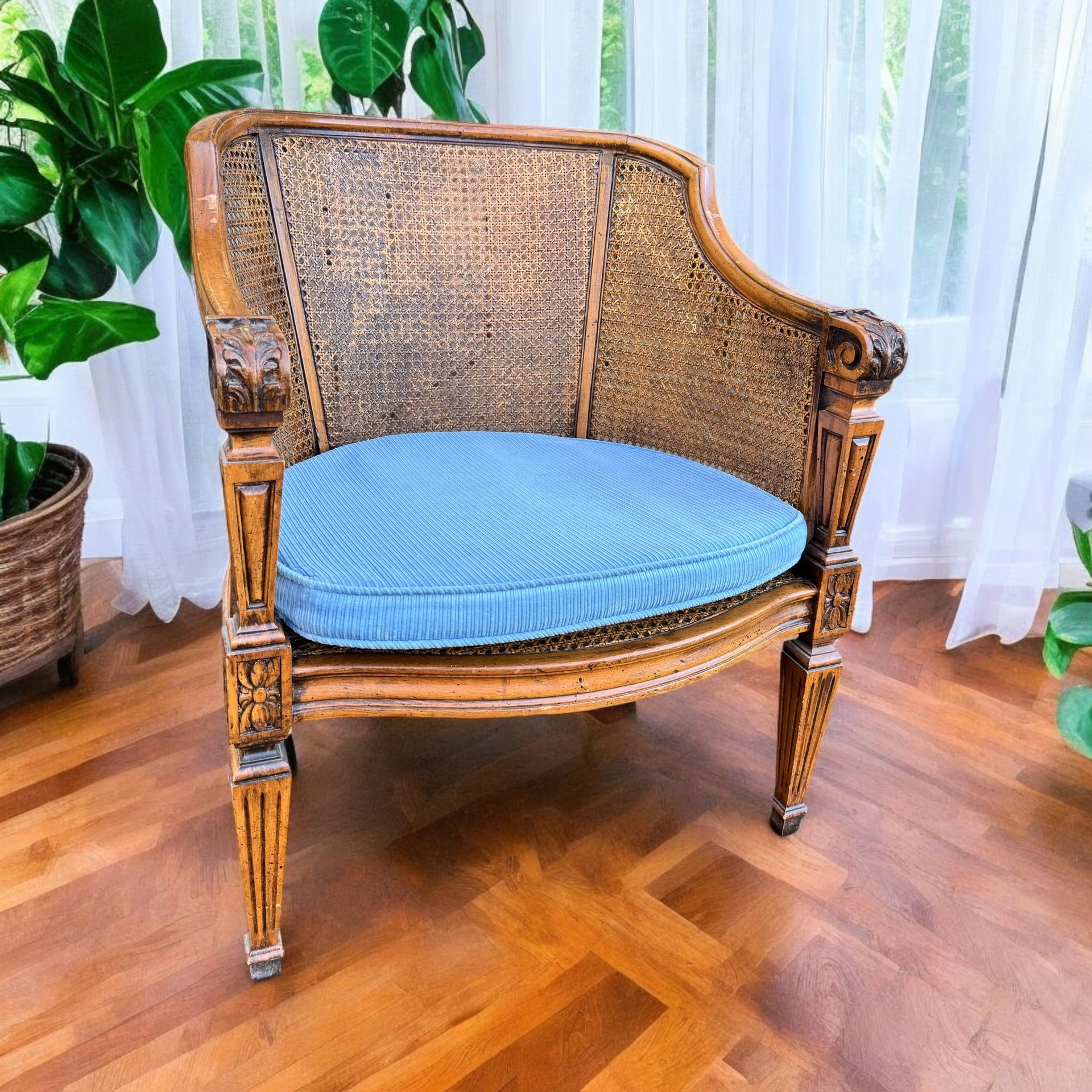 Vintage Chair With Cane And Carved Wood