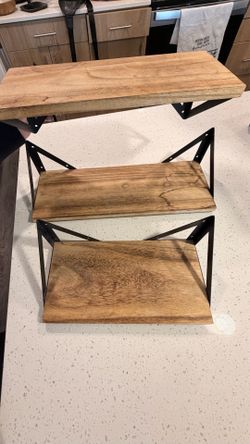 Set of 3 Rustic Floating Wall Shelves – Wood & Black Metal