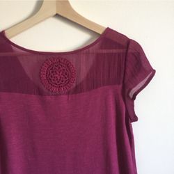 LUCKY BRAND Burgundy Red Plum Sheer Panels Embroidered Mandala Short Sleeve Top