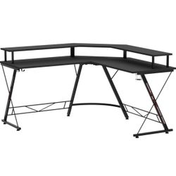 Black L Shaped Gaming Desk with Power Outlets 