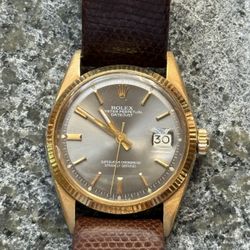 Rolex 18k YG Datejust Ref 1601 Taupe Grey Dial Circa 1970s 