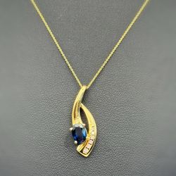14k yellow gold Natural 0.75 Blue Oval Sapphire 0.15CTW Natural Diamond 16” Necklace