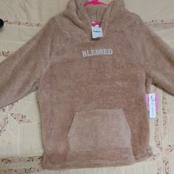 NWT Women's Orange Kiss Tan Blessed Sherpa Hoodie Large 50" Chest Christmas Gift!