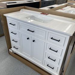 Bathroom Vanity Cabinet 48” Solid Oak Quartz Top With Sink And Backsplash