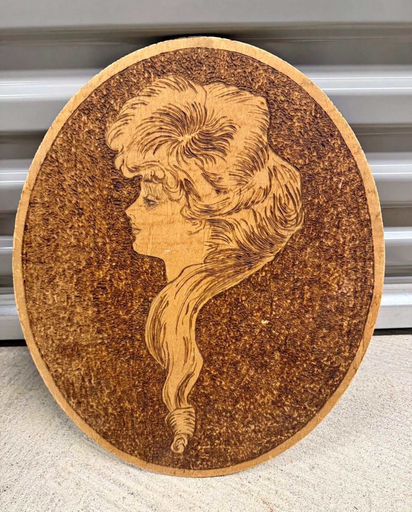 Signed Art Nouveau Gibson Girl pyrography wood plaque by Mrs. D. Errett.