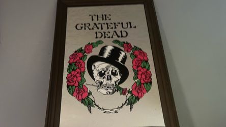 Vintage Grateful Dead Mirror Art – Skull & Roses Top Hat Design – Wood Frame