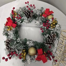 17x17 Christmas Holly Berry Wreath Flocked with Gold Merry Christmas Sign Hanging