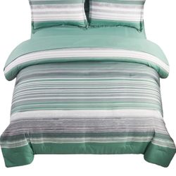 KAKIJUMN 7 Piece Bed in a Bag Stripe Comforter Set Full Size, White Grey Sage Green Patchwork Striped Comforter and Sheet Set, All Season Soft Microfi
