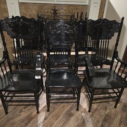 6 black solid oak kitchen chairs, 2 captain chairs