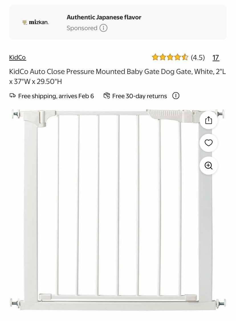 KidCo Auto Close Pressure Mounted Baby Gate Dog Gate, White, 2"L x 37"W x 29.50"H Metal NEW