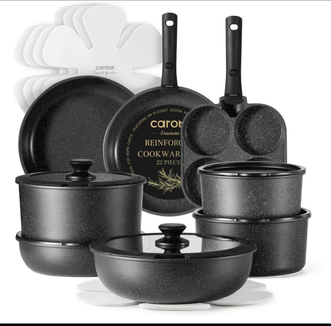 NEW Carote 22pcs Nonstick Cookware Set With Detachable Handle