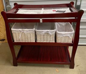 New, Price Firm, Badger Baster Sleigh Style Cherry Change Table with three Nursery Baskets