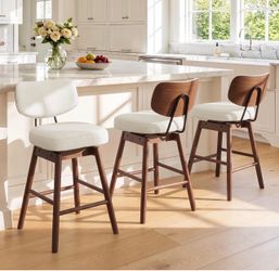 Set Of 3 Cozyman Swivel Bar Stools , 26" Wood Legs, Fabric Beige
