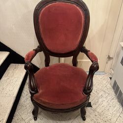 Antique Wood & Velvet Armchair Chair on Wheels