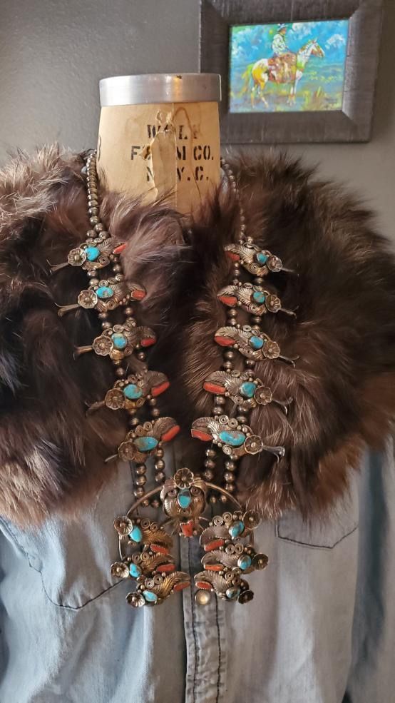 Turquoise & Coral Squash Blossom Necklace