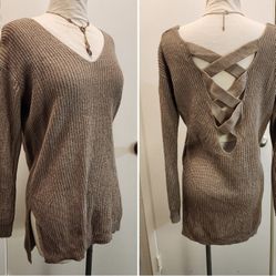 Ambience Apparel Soft Knit Lattice Back Long Sleeve Pullover Tunic Sweater Sz. M