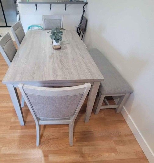✅️✅️ 6 pc light finish wood dining table set padded seat chairs and bench ✅️