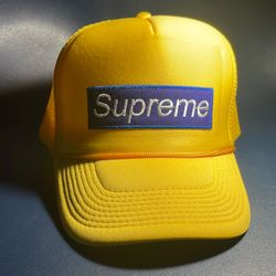 Yellow Trucker Hat With Blue Supreme Box Logo – Adjustable Snapback