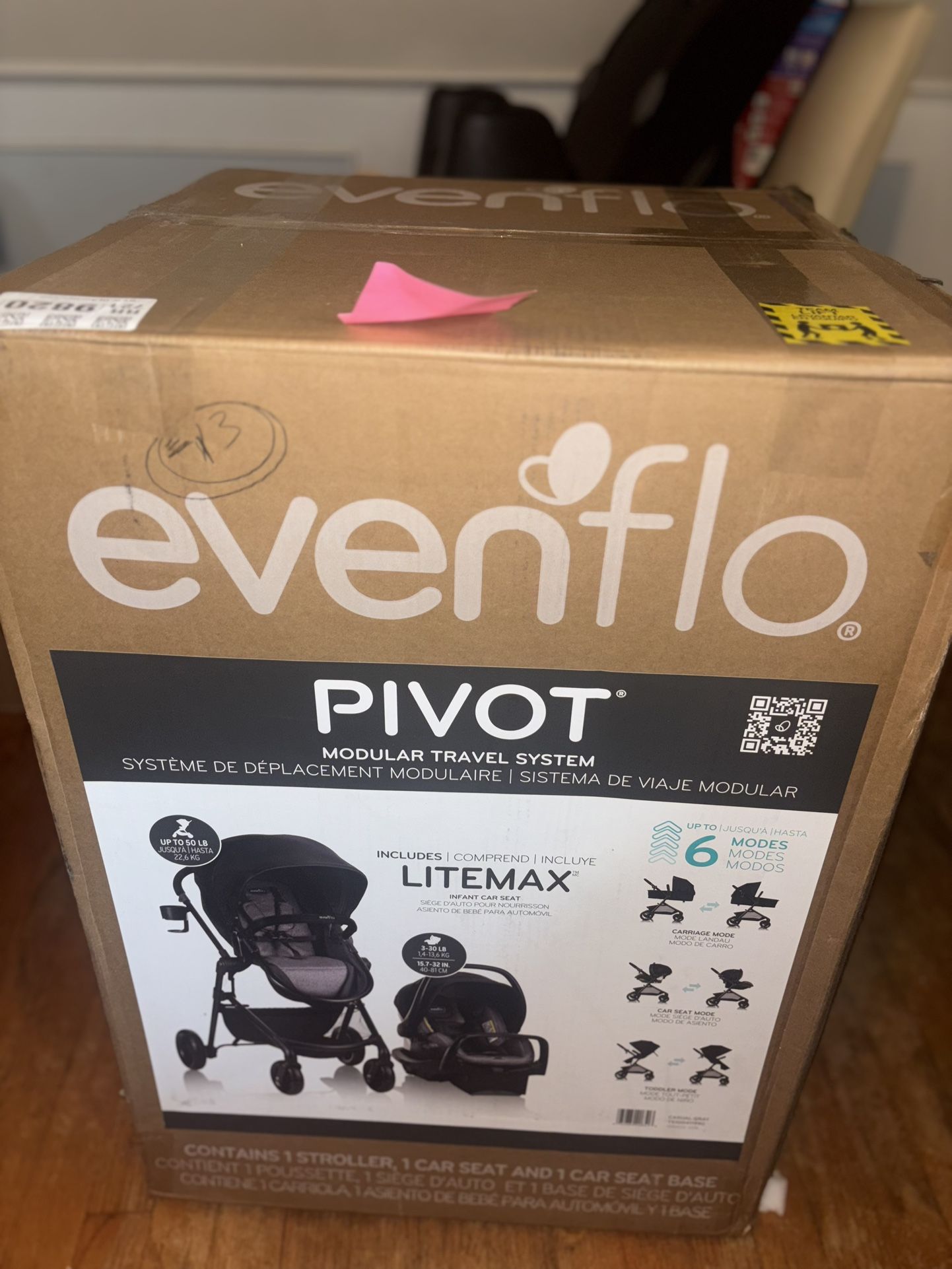 Evenflo pivot modular travel system with Litemax infant car seat.