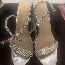 Metallic Rhinestone Heeled Ankle Strap Heels