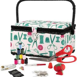 SINGER 07271 Basket with Sewing Notions Kit & Removable Tray-Vintage Spools, Tan