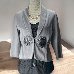 White House Black Market Grey Silk Blend Beaded cardigan Women's XL Elegant Chic