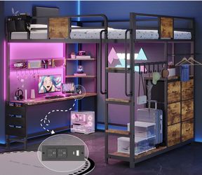 Full Size Loft Bed With Desk and 6 Storage Drawers