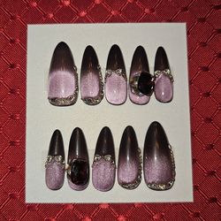 Press-On Nails | X-Long Almond | Purple Cateye with Dark Purple Tips & Bling (#19)