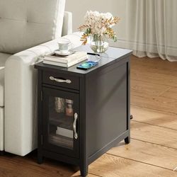End Table with Charging Station, Updated Farmhouse Flip Top Side Table with Cup Holder, Storage Drawer and Glass Door, Wooden Narrow Bedside Nightstan