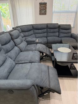 Grey Power Reclining Curved Sectional Sofa with Console AND 360 Swivel Rocker Recliner Chair