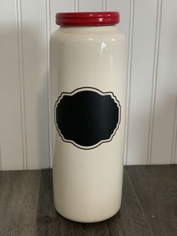 Tall White Ceramic, Chalk Label with Red Lid Canister